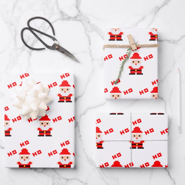 Santa Pixel Art 3 Wrapping Paper Sheets (Front)