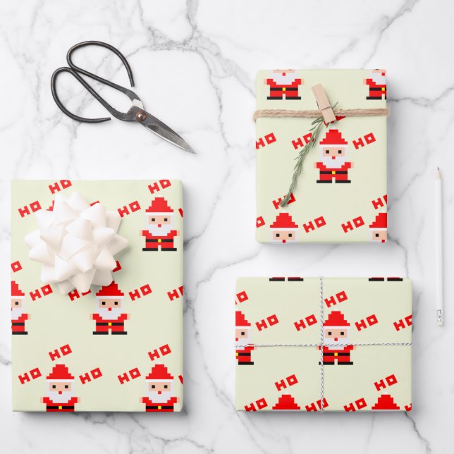 Santa Pixel Art 3 Wrapping Paper Sheets (Front)