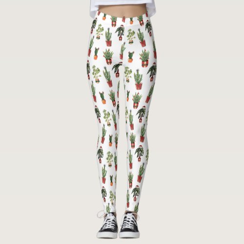 Santa Plants Houseplant Christmas Pattern Leggings