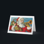 "Santa Playing a Trumpet" Christmas Card<br><div class="desc">Vintage image of a happy Santa Claus blowing a trumpet and carrying toys in his arms.</div>