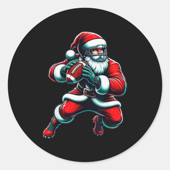 Santa Playing American Football Christmas Women Me Classic Round Sticker (Front)