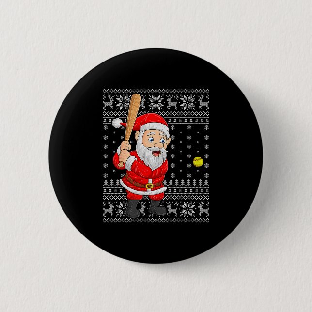 Santa Playing Baseball Softball Ugly Christmas Swe Button (Front)