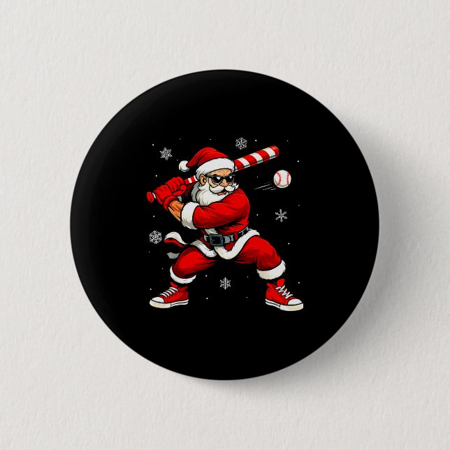Santa Playing Baseball Xmas Funny Christmas Baseba Button (Front)