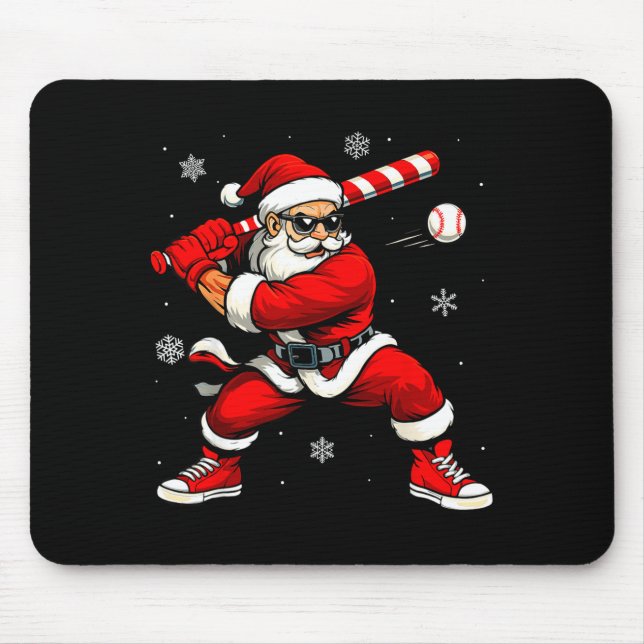 Santa Playing Baseball Xmas Funny Christmas Baseba Mouse Pad (Front)