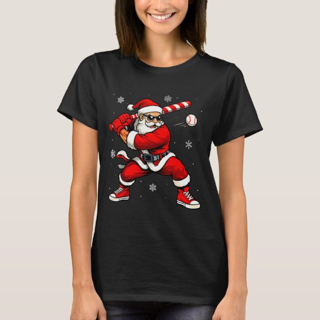 Santa Playing Baseball Xmas Funny Christmas Baseba T-Shirt (Front)