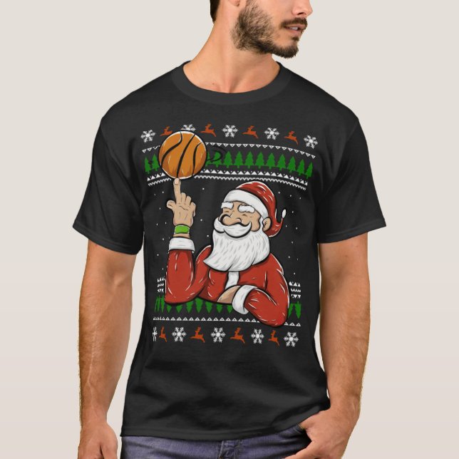 Santa Playing Basketball Christmas Ugly cool baske T-Shirt (Front)