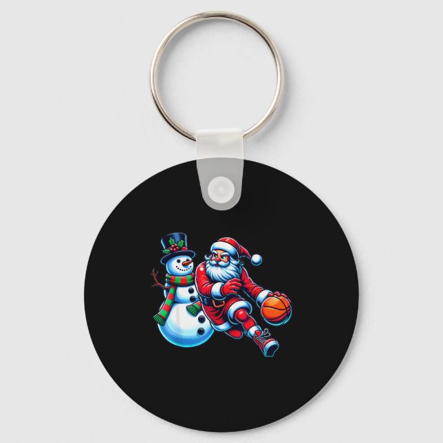 Santa Playing Basketball With A Snowman Christmas  Keychain (Front)