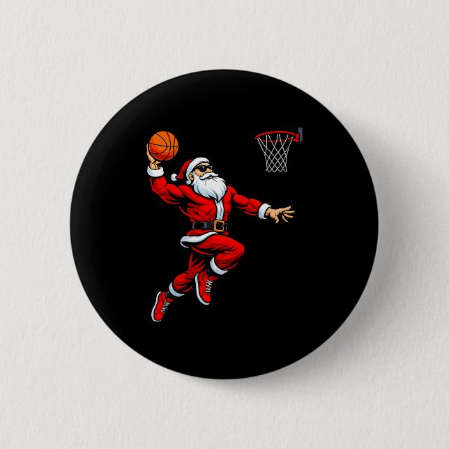 Santa Playing Basketball Xmas Funny Christmas Bask Button (Front)