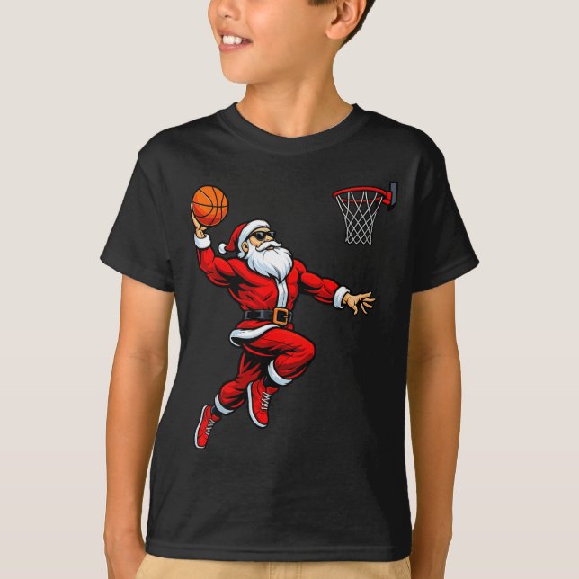 Santa Playing Basketball Xmas Funny Christmas Bask T-Shirt (Front)