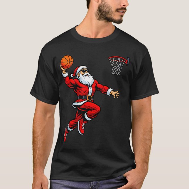 Santa Playing Basketball Xmas Funny Christmas Bask T-Shirt (Front)