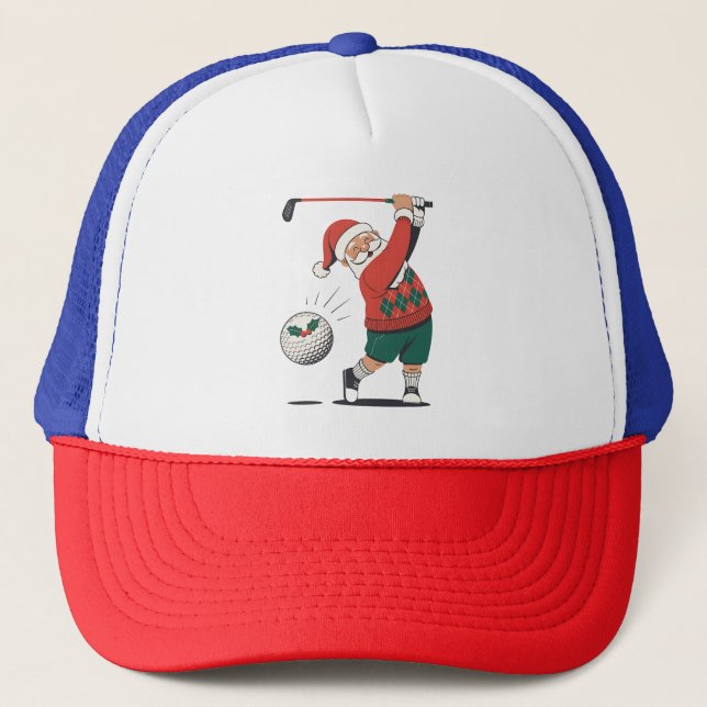 Santa Playing Golf Christmas Player Golfer  Trucker Hat (Front)