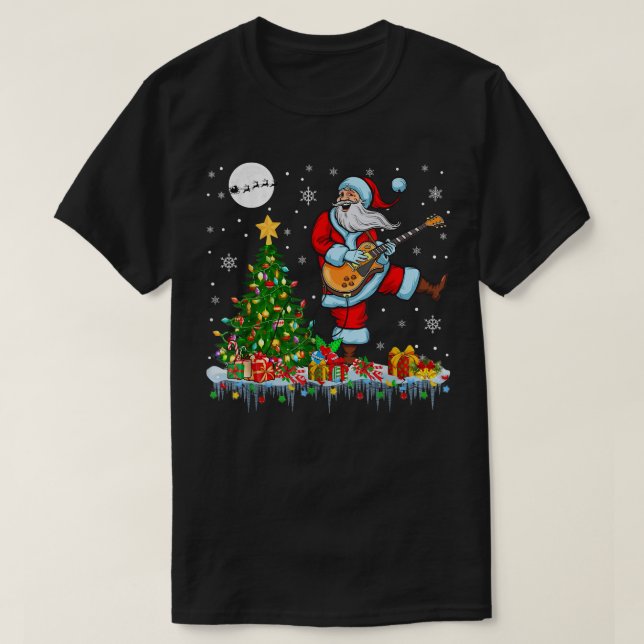 Santa Playing Guitar Christmas Tree Lights Guitari T-Shirt (Design Front)