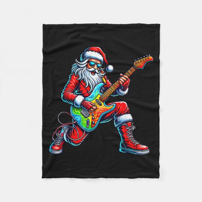 Santa Playing Guitar Musician Guitarist Christmas  Fleece Blanket (Front)