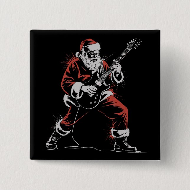 Santa Playing Guitar Retro 90s Christmas Rock  Button (Front)