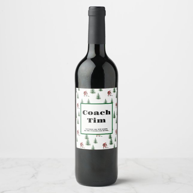 Santa Playing Hockey Coach Teacher Christmas Gift Wine Label (Front)