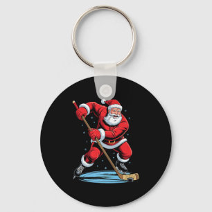 Santa Playing Hockey Funny Holiday Christmas Xmas Keychain