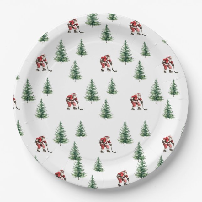 Santa Playing Hockey Napkin Gift Christmas Party Paper Plates (Front)