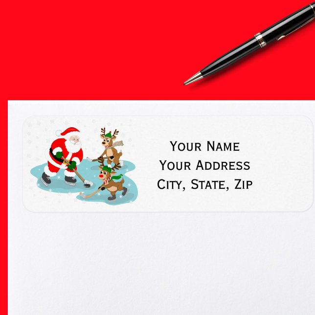 Santa Playing Hockey with Reindeer Christmas Label (Creator Uploaded)