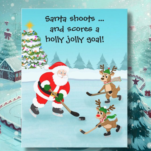 Santa Playing Hockey with Reindeer Christmas Postcard (Creator Uploaded)
