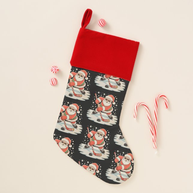 Santa Playing Ice Hockey Christmas Xmas Sport Stocking (Front)