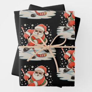 Santa Playing Ice Hockey Christmas Xmas Sport Wrapping Paper Sheets
