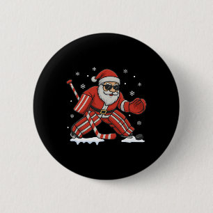 Santa Playing Ice Hockey Goalie Christmas Button