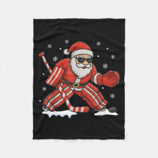 Santa Playing Ice Hockey Goalie Christmas Fleece Blanket
