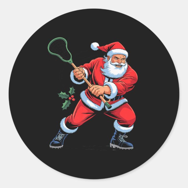 Santa Playing Lacrosse Funny Holiday Christmas Xma Classic Round Sticker (Front)