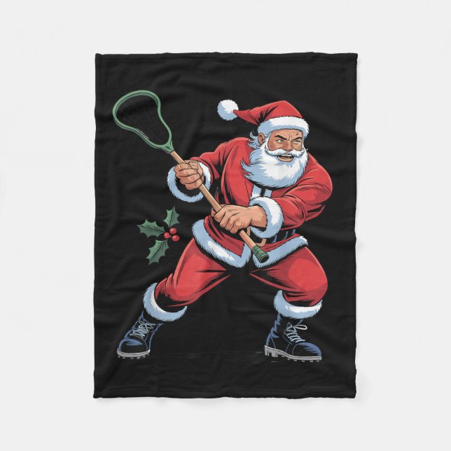 Santa Playing Lacrosse Funny Holiday Christmas Xma Fleece Blanket (Front)
