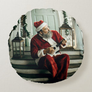Santa Playing Music Round Pillow