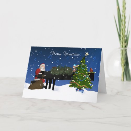 Santa Playing Piano With Holiday Tree And Snow
