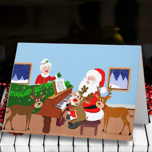 Santa Playing Piano with Reindeer Blank Card