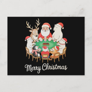 Santa Playing Poker Polar Bear Penguin Reindeer Holiday Postcard