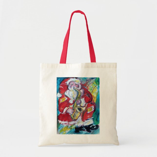 SANTA PLAYING  SAX, CHRISTMAS PARTY TOTE BAG (Front)