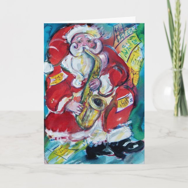 SANTA PLAYING SAX, MUSICAL CHRISTMAS PARTY HOLIDAY CARD (Front)