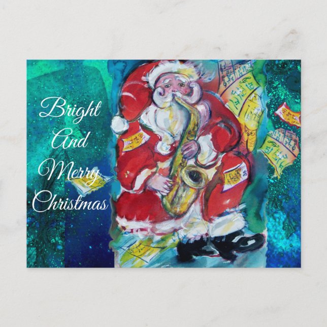 SANTA PLAYING SAX, MUSICAL CHRISTMAS PARTY POSTCARD (Front)