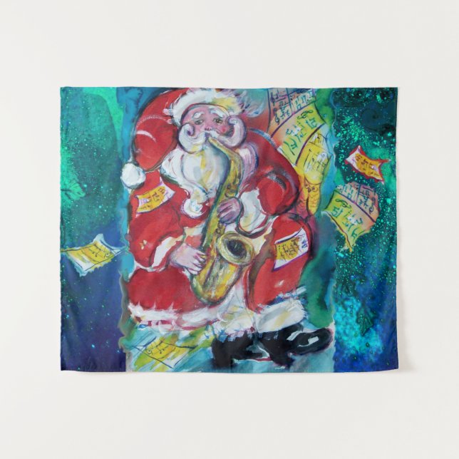 SANTA PLAYING  SAX, MUSICAL CHRISTMAS PARTY TAPESTRY (Front (Horizontal))
