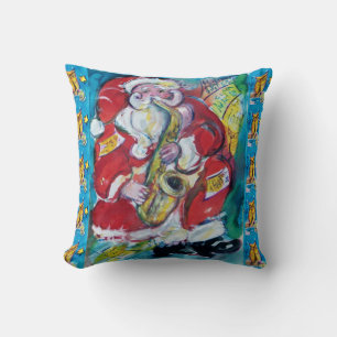 SANTA PLAYING SAX,OWLS AND STARS CHRISTMAS PARTY THROW PILLOW