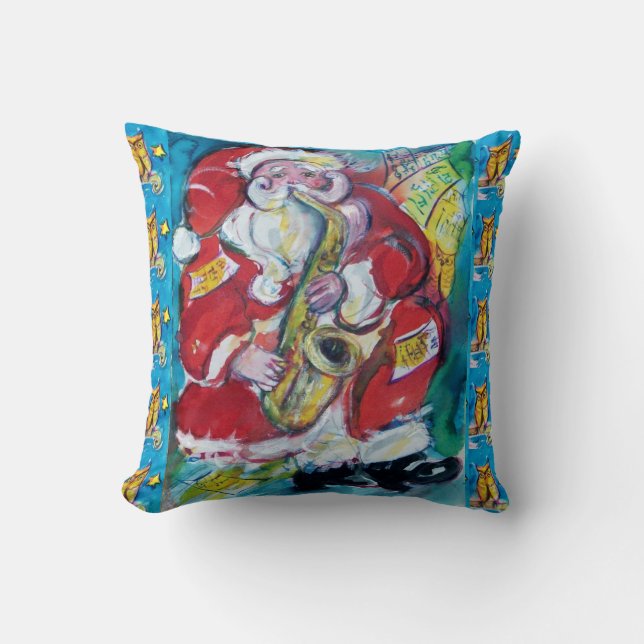 SANTA PLAYING SAX,OWLS AND STARS CHRISTMAS PARTY THROW PILLOW (Front)