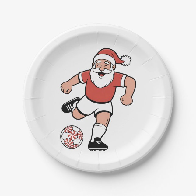 Santa Playing Soccer Christmas Player Sport  Paper Plates (Front)
