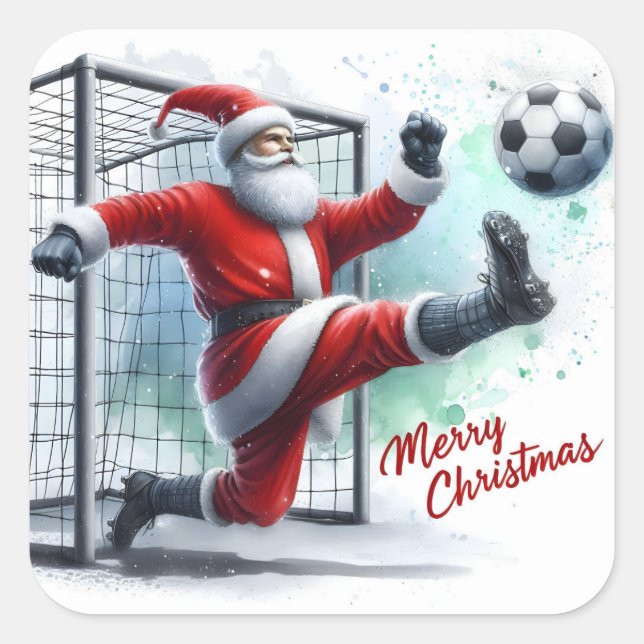 Santa Playing Soccer in the Snow Square Sticker (Front)