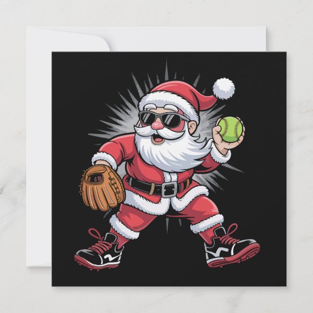 Santa Playing Softball as Pitcher Christmas Sports Holiday Card (Front)