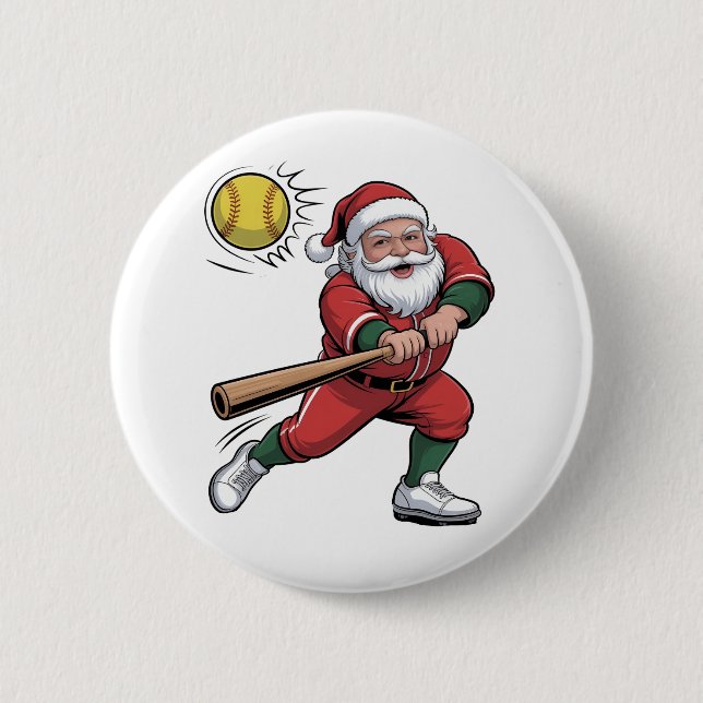 Santa Playing Softball Christmas Player Sport Button (Front)