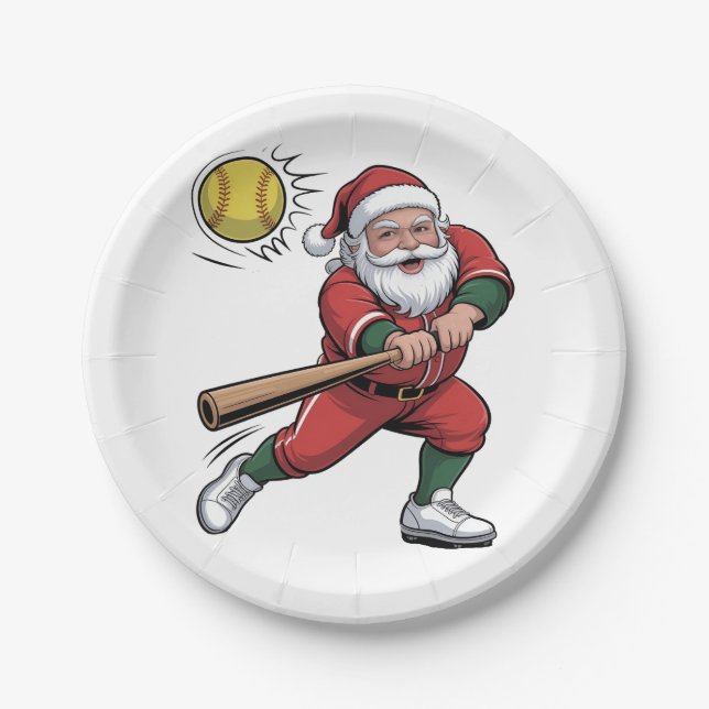 Santa Playing Softball Christmas Player Sport Paper Plates (Front)