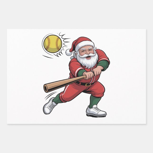 Santa Playing Softball Christmas Player Sport Wrapping Paper Sheets (Front)
