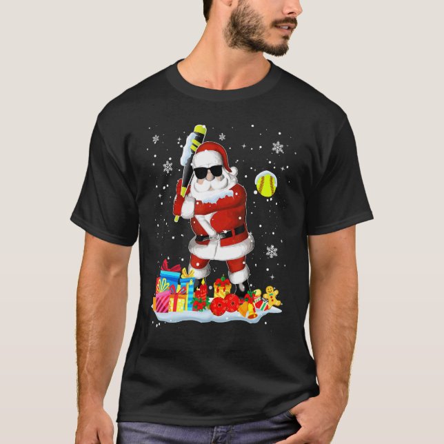 Santa Playing Softball Cool Christmas Santa Softba T-Shirt (Front)