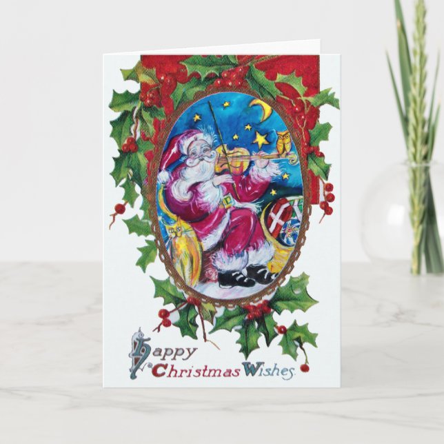 SANTA PLAYING VIOLIN Christmas Crown,Hollyberries Holiday Card (Front)