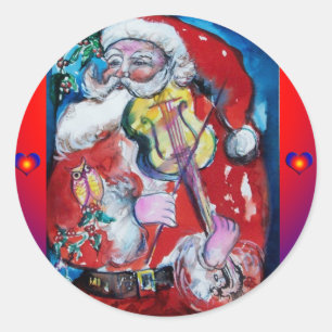 SANTA PLAYING VIOLIN / Musical Christmas Classic Round Sticker