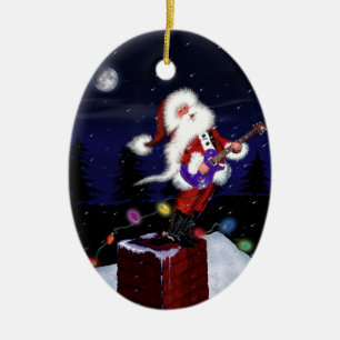 Santa Plays Guitar Ceramic Ornament