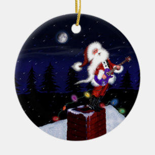 Santa Plays Guitar Ceramic Ornament